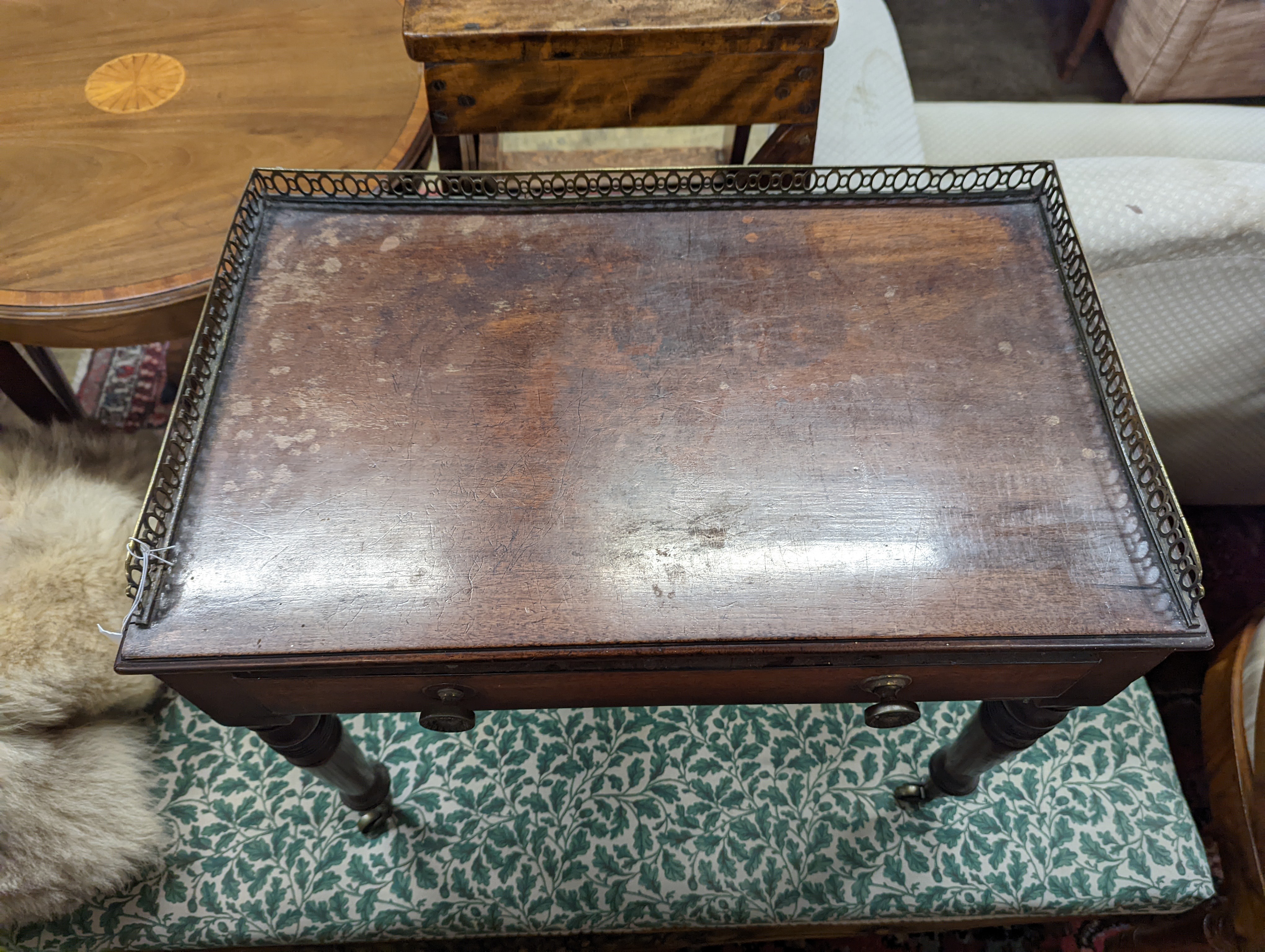 A 19th century mahogany low table (altered), width 35cm, height 51cm